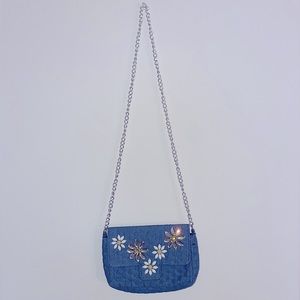 Adorable denim mini shoulder bag with flower gem details